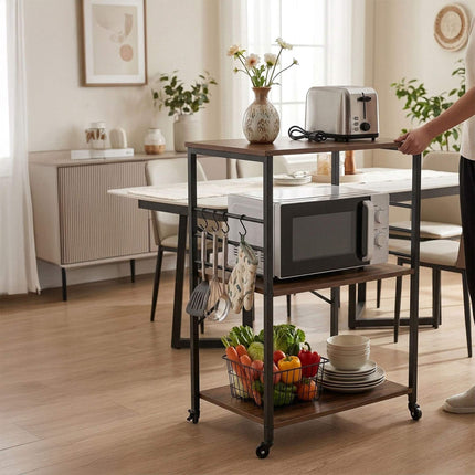 Kitchen Cart, 3-Tier Rolling Trolley With S-Hooks