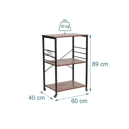 Kitchen Cart, 3-Tier Rolling Trolley With S-Hooks