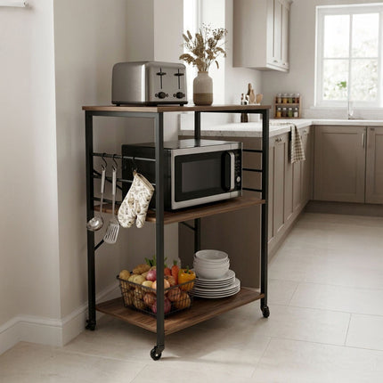 Kitchen Cart, 3-Tier Rolling Trolley With S-Hooks