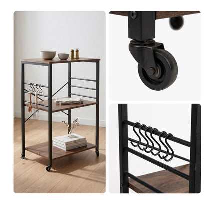 Kitchen Cart, 3-Tier Rolling Trolley With S-Hooks