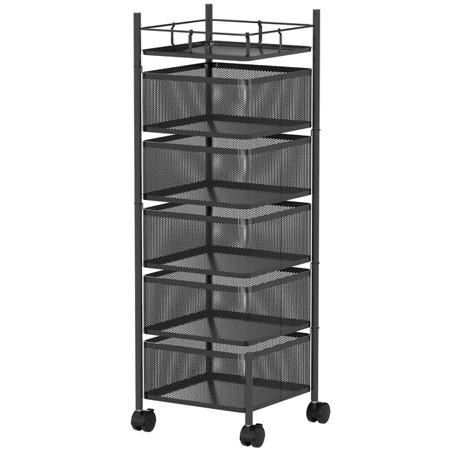 Küchenwagen, 5 drehbare Körbe, Metallrahmen, Schwarz