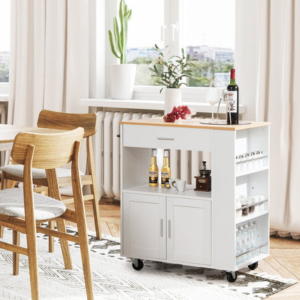 Kitchen Cart with Countertop, Drawer, Spice Racks, White