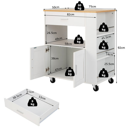 Kitchen Cart with Countertop, Drawer, Spice Racks, White