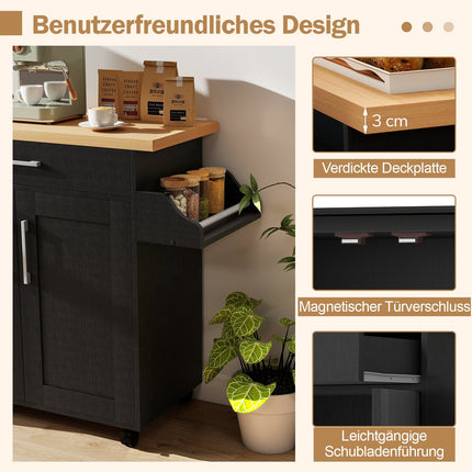 Servierwagen mit Schublade und verstellbarem Regal, Natur/Schwarz