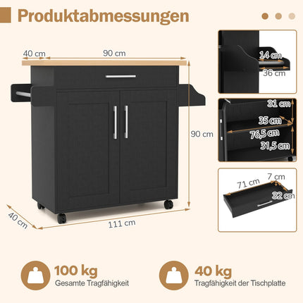 Servierwagen mit Schublade und verstellbarem Regal, Natur/Schwarz