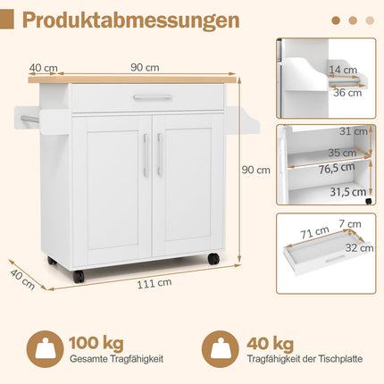 Servierwagen mit Schublade und verstellbarem Regal – Natur/Weiß