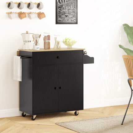 Kitchen Cart with Drawer, Cabinet, Towel Rack, Black/Oak