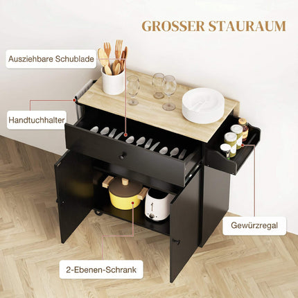 Kitchen Cart with Drawer, Cabinet, Towel Rack, Black/Oak