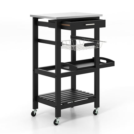Servierwagen mit Edelstahlplatte, Schwarz, 47x39x85 cm