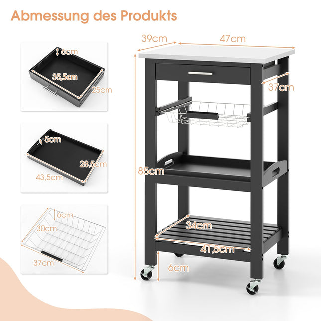 Servierwagen mit Edelstahlplatte, Schwarz, 47x39x85 cm