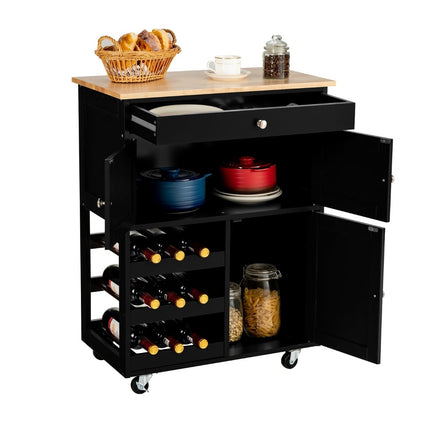 Keukentrolley met houten blad, lade, zwart, 67x37x86,5 cm