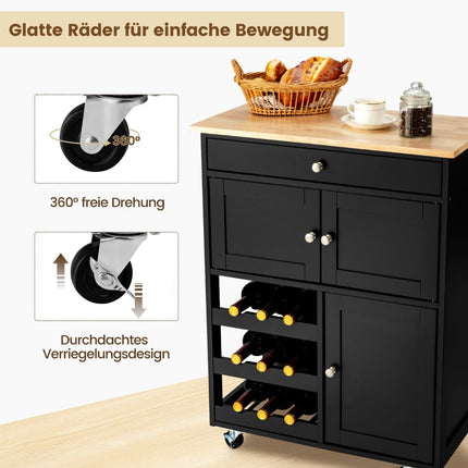Keukentrolley met houten blad, lade, zwart, 67x37x86,5 cm