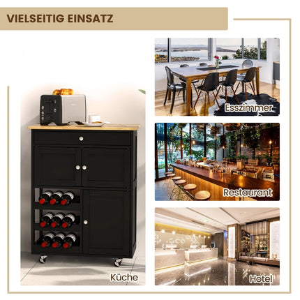 Keukentrolley met houten blad, lade, zwart, 67x37x86,5 cm