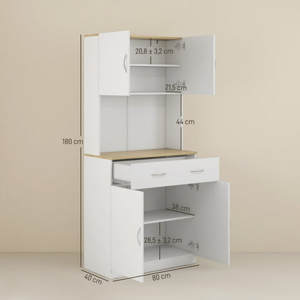 Meuble de cuisine, meuble haut, buffet de cuisine avec 2 placards, meuble à vaisselle, meuble de salle à manger avec tiroirs, placard, blanc, 80 x 40 x 180 cm