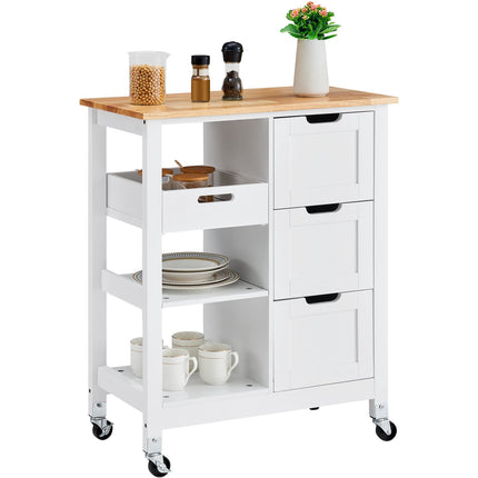Kitchen Island Cart, 26-Inch Wood Top, 3 Drawers, White