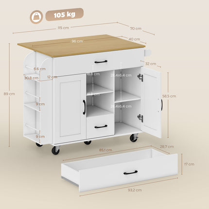 Kitchen Island Cart, Expandable Surface, Soft-Close, MDF, White