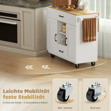 Kitchen Island Cart, Expandable Surface, Soft-Close, MDF, White