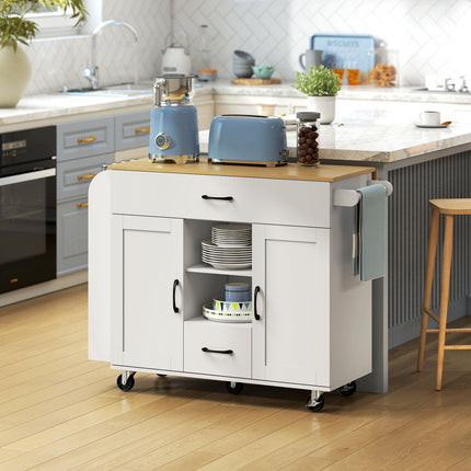 Kitchen Island Cart, Expandable Surface, Soft-Close, MDF, White