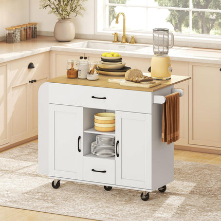 Kitchen Island Cart, Expandable Surface, Soft-Close, MDF, White