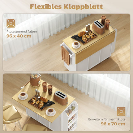 Kitchen Island Cart, Expandable Surface, Soft-Close, MDF, White