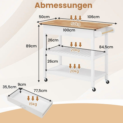 Kücheninselwagen mit Schublade & Regalen – Weiß, Arbeitsplatte aus Holz