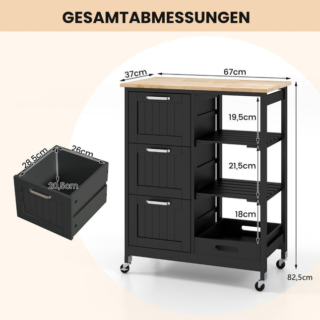 Kücheninselwagen mit Stauraum, Rollen, Schwarz, 67x37x84 cm