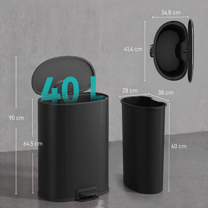 Kitchen Pedal Bin 40 L with Soft-Close and Stay-Open Lid, Black, Stainless Steel