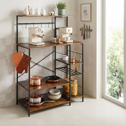 Kitchen Rack with 7 Shelves & 8 Hooks – Black Industrial