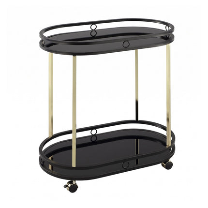 Kitchen Serving Trolley, 2 Glass Shelves, Black/Gold
