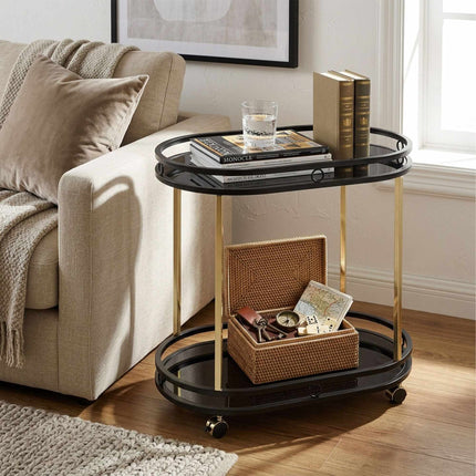 Kitchen Serving Trolley, 2 Glass Shelves, Black/Gold