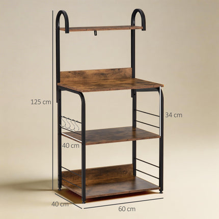 Kitchen Shelf with 3 Tiers & 4 Hooks, Rustic Brown, 60x40x125 cm