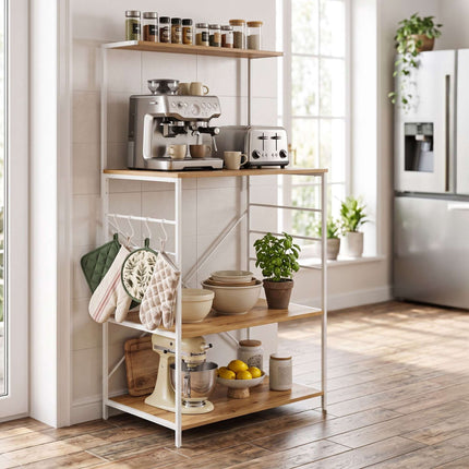 Kitchen Shelf with 4 Tiers & Hooks – Wood Look, MDF & Metal