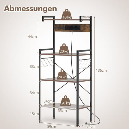 Küchenregal mit Steckdose & 8 S-Haken – Braun, 4-stöckig