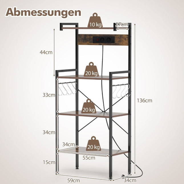 Küchenregal mit Steckdose & 8 S-Haken – Braun, 4-stöckig