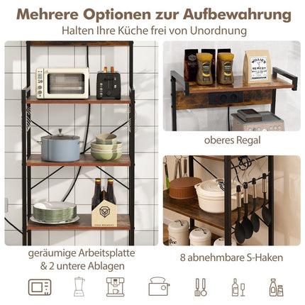 Küchenregal mit Steckdose & 8 S-Haken – Braun, 4-stöckig