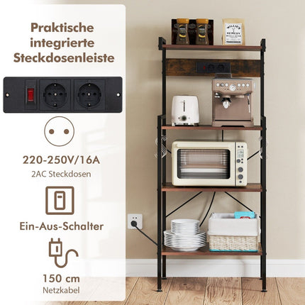 Küchenregal mit Steckdose & 8 S-Haken – Braun, 4-stöckig