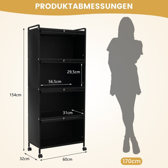 Keukenrek met wielen Mobiele magnetronstandaard met scharnierende PC-deuren 60 x 32 x 154 cm Zwart