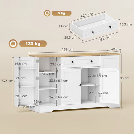 Kitchen Sideboard Cabinet, 4 Doors, Drawer, 138 cm, White