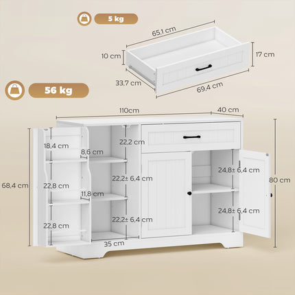 Kitchen Sideboard with Drawer and Adjustable Shelves, White