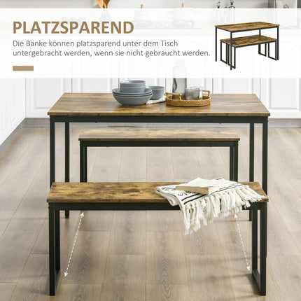 Industrielles Esszimmerset mit Bänken, Metall, Rustikalbraun
