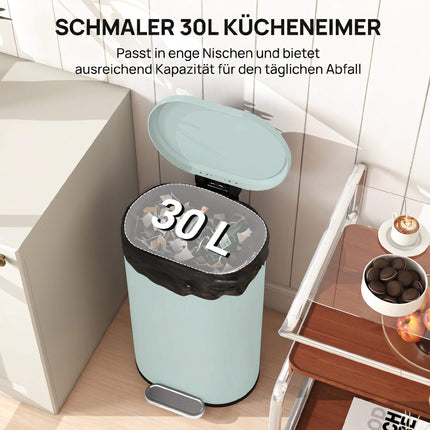Kitchen Trash Can 30L, Green Metal Pedal Bin with Soft-Close Lid