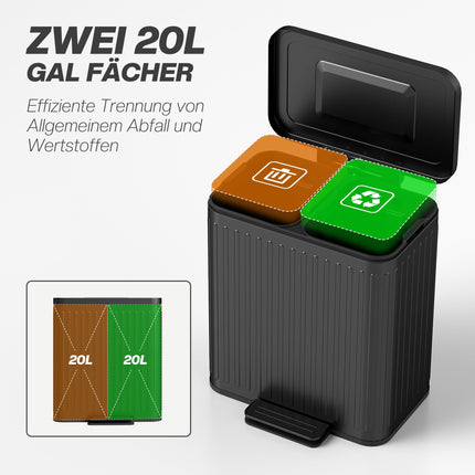 Mülleimer für die Küche, 40L, zwei Fächer, Pedalbedienung