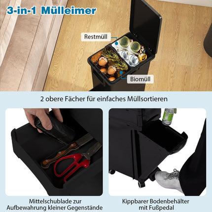 Küchenmülleimer mit 3 Fächern, Schwarz, 4 Rollen