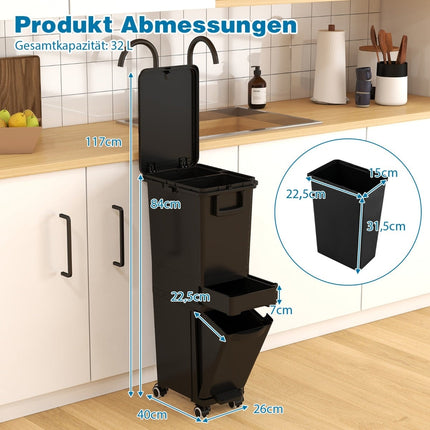 Küchenmülleimer mit 3 Fächern, Schwarz, 4 Rollen