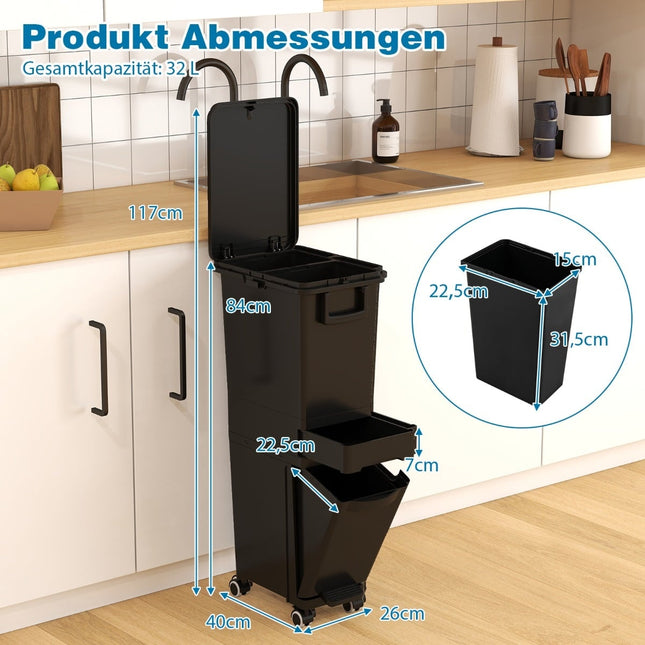 Küchenmülleimer mit 3 Fächern, Schwarz, 4 Rollen