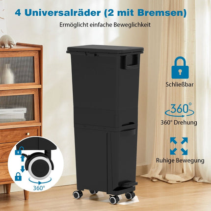 Küchenmülleimer mit 3 Fächern, Schwarz, 4 Rollen