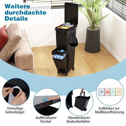 Küchenmülleimer mit 3 Fächern, Schwarz, 4 Rollen