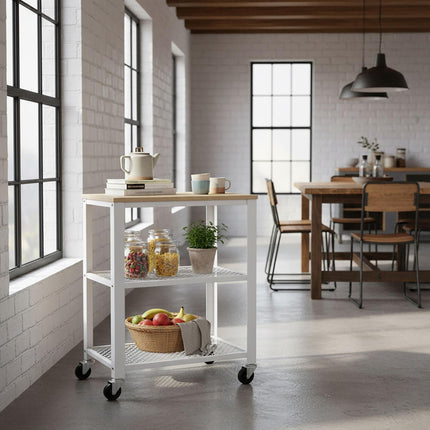 Kitchen Trolley, 3-Tier, Steel Frame, Wood Shelves