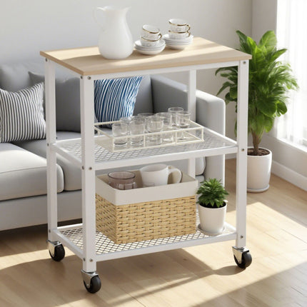 Kitchen Trolley, 3-Tier, Steel Frame, Wood Shelves
