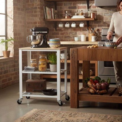 Kitchen Trolley, 3-Tier, Steel Frame, Wood Shelves